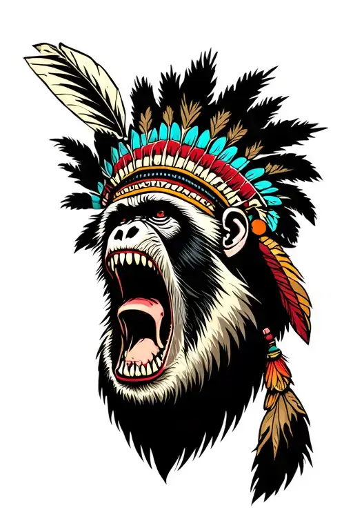 Screaming Scary Baboon With Big Teeth Wearing A Native Headdress Just The Head No Body