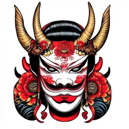 Japanese Demon Mask & Geisha