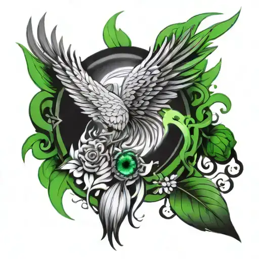 Colourless Phoenix And Underneath It A Large Green Female Eye On Forearm