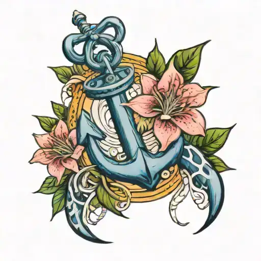 Anchor With A Lobster And Stargazer Lily Flower