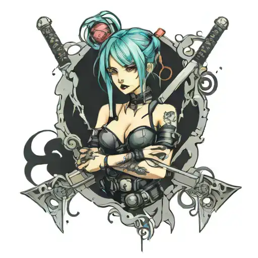 Manga Cyberpunk Girl Full Length With Two Swords