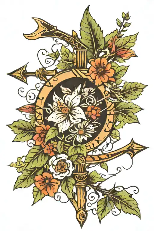 Native American Arrow With Vines And Flowers Growing Tattoo