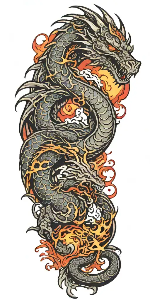 Dragon With Magma And Vulcano Mountain Storm