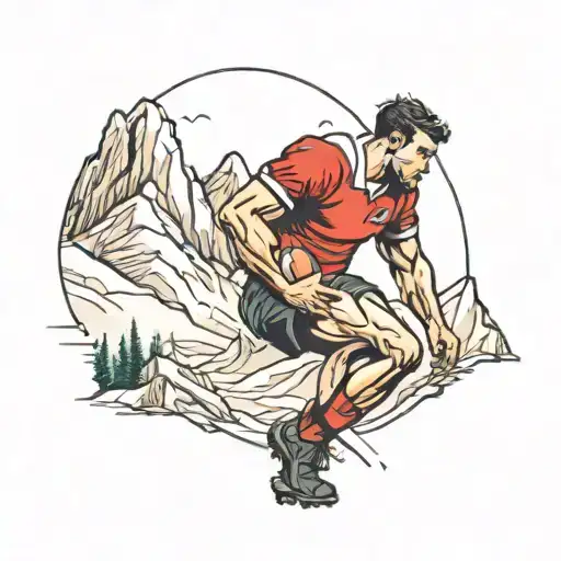A Rugby Player Tackling A Mountain In A Hiking-themed Design