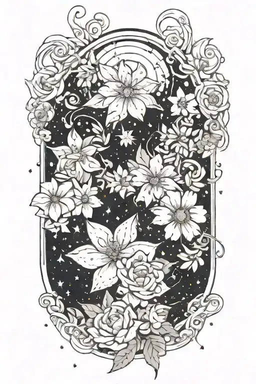 A Cosmic Scene With Galaxies And Stars Intertwined With Delicate Flowers