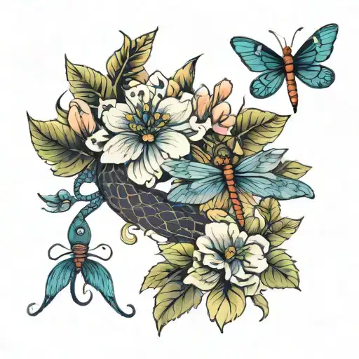 Flowers And Dragonflies With A Snake Hidden Among The Blooms