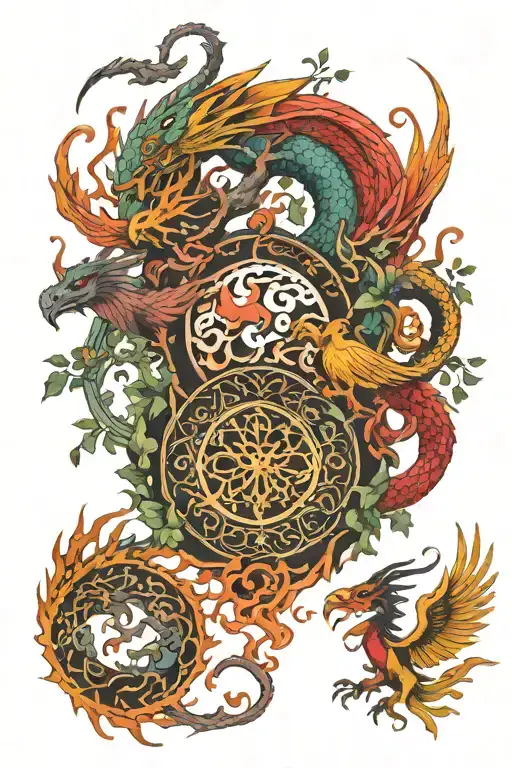 Dragon And Phoenix And Tree Of Life Surrounded
