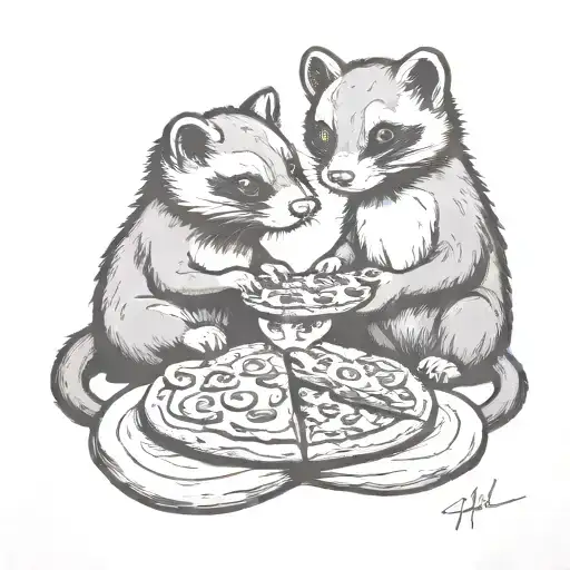 Ferret And Dog Eating A Pizza
