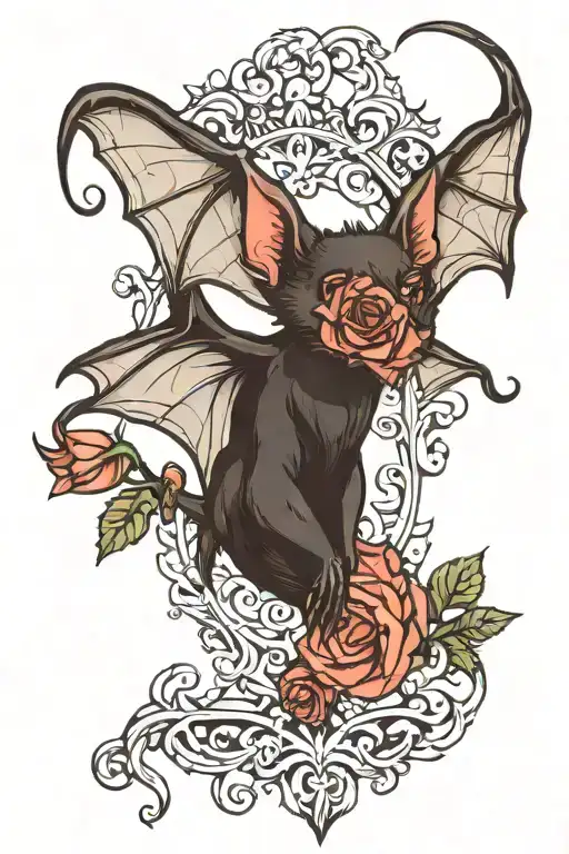 Vampire Bat With Gothic Filigree With A Rose