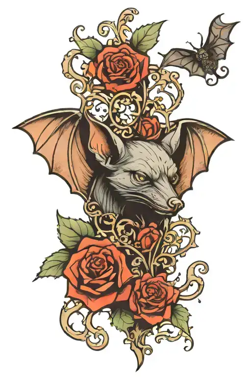 Vampire Bat With Gothic Filigree With A Rose