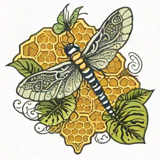 Honeycomb Pattern With Monstera And One Dragonfly