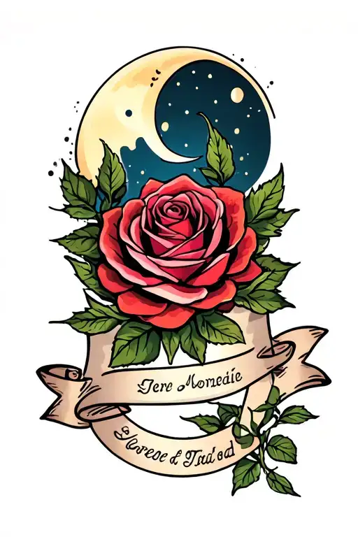 Rose With Name Scroll And Moon Surrounded