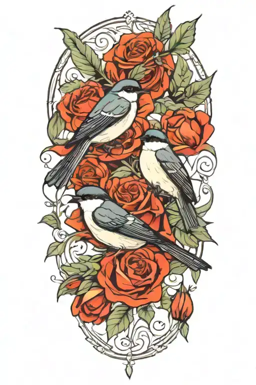 Swallow Bird Chickadee Roses Intertwined Poppies Growing
