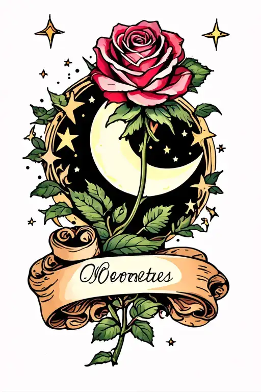 Rose With Name Scroll And Moon And Stars Surrounded