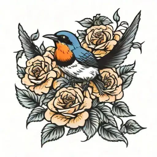 Swallow Bird Flying Chickadees Perched Roses Poppy