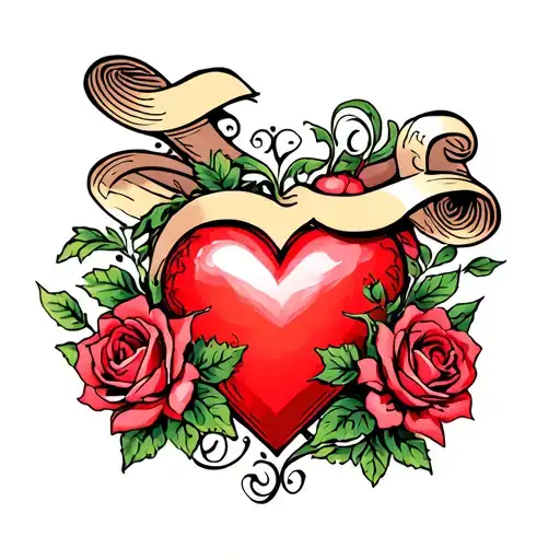 Red Heart With A Scroll And Roses