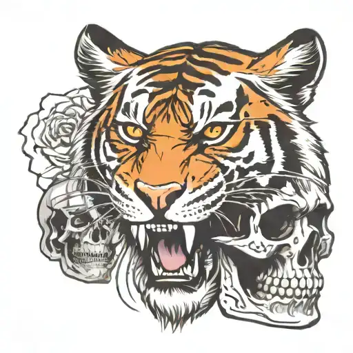 Tigers Head Above Human Skull