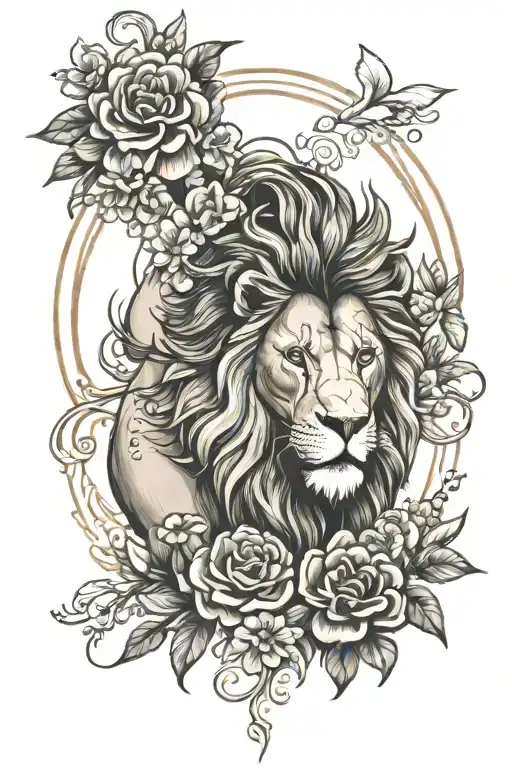 Lion And Flowers Surrounding