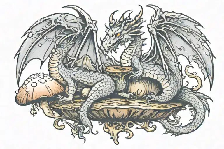 Dragon With Small Fairy Sitting On A Mushroom