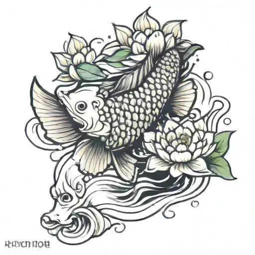 Koi Fish Swimming Upstream With Lotus Flower Growing