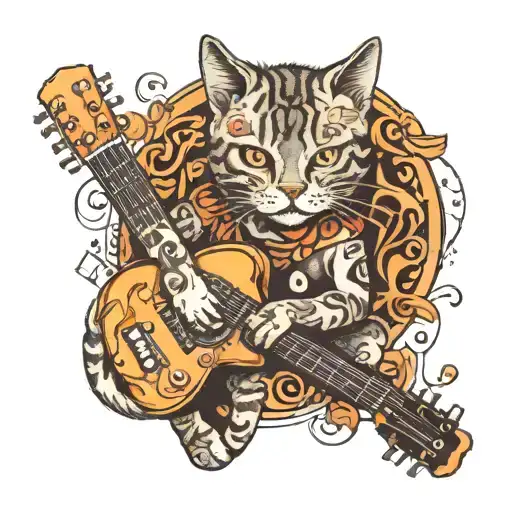 A Cat Playing A Guitar Surrounded By Musical Notes