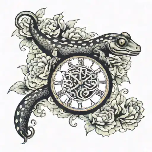 Salamander On Clock Surrounded By Carnations And Trout