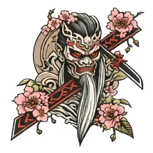 Waterfalls With Cherry Blossom And Oni Mask Katana