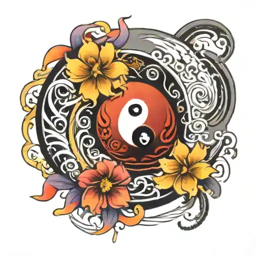 Cool Colorful Half Sleeve With Ying Yang Symbol