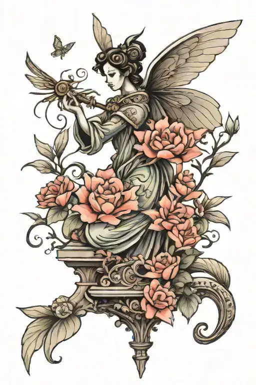 Vinged Victory Statue With Blooming Flowers And Dragonflies