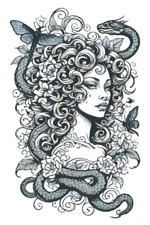 Medusa With Snake Hair With Blooming Flowers And Dragonflies