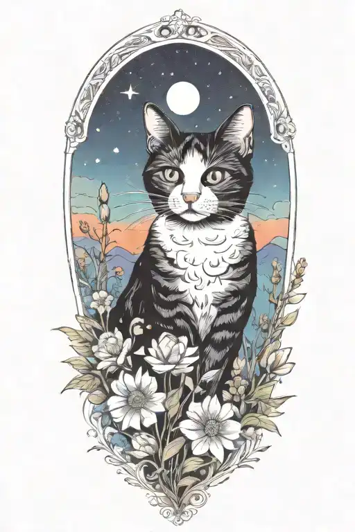 A Black And White Cat Exploring A Field Of Colorful Flowers Under A Starry Sky