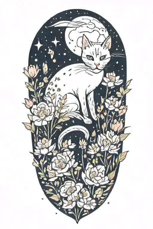 A Cat Exploring A Field Of Colorful Flowers Under A Starry Sky