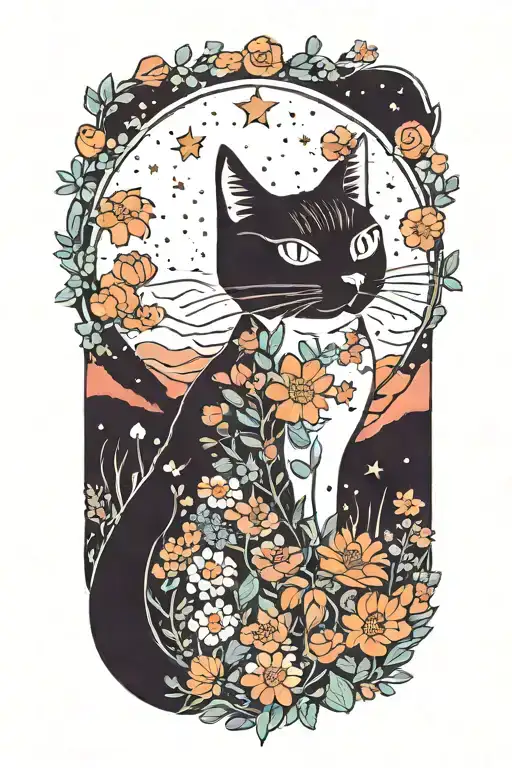 A Cat Exploring A Field Of Colorful Flowers Under A Starry Sky