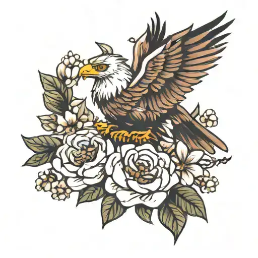 Coffee Beans Mixed In Flowers And A Small Eagle Fusioned With Them For Underbreast Area