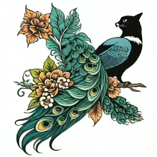 Peacock Feather And Cat And Dolphin And Butterflies And Ying&yang