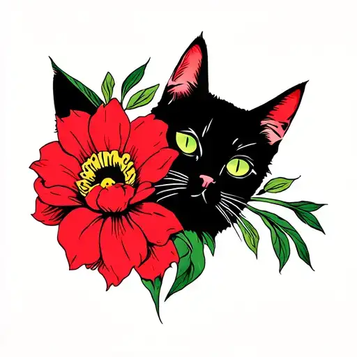 Mid Century Modern Flower In Color Red With Cat