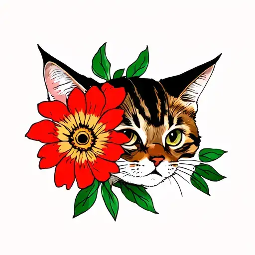 Mid Century Modern Flower In Color Red With Tabby Cat