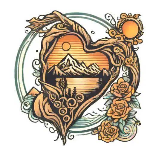 Finger Print Heart With Mountain And Sunrises And Moon And Sea