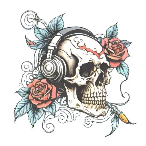 Skull Wearing Headphones With Cigarette And Roses