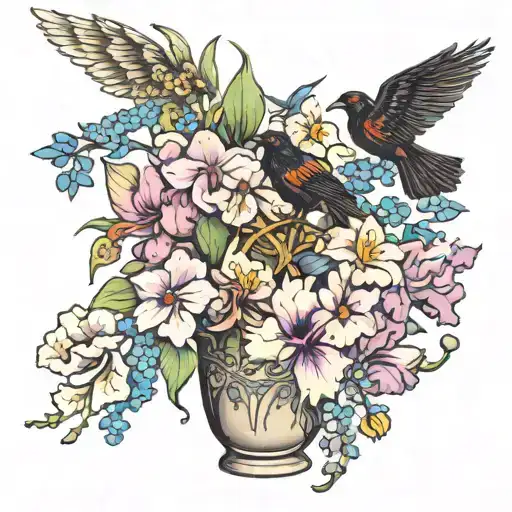 Violets Orchid And Forget Me Not Flowers Inside A Vase With Panthers And A Crow