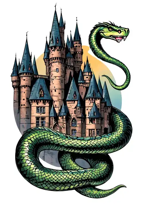 Hogwarts Castle With A Giant Snake Wrapping Around Up That Looks Like Nagini From Harry Potter