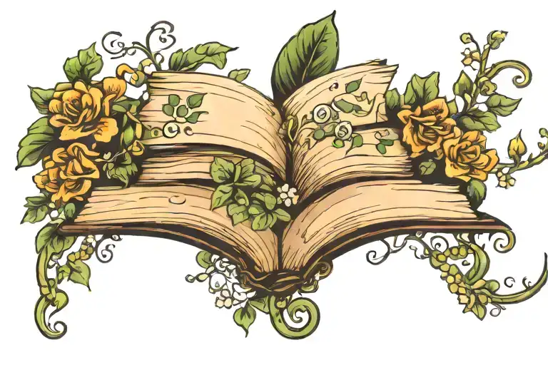 Horizontal Book Shelf Tattoo With Creeper Plant With Flowers Twirling Around