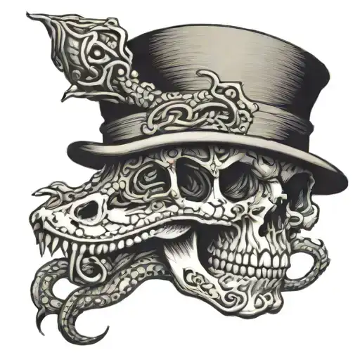 Snake Weaving Through Skull Wearing A Tophat