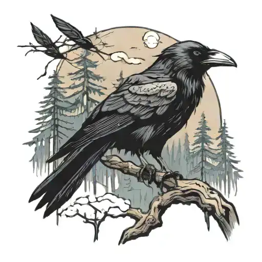Dark Raven In Forest Scene