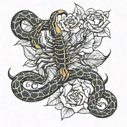 Scorpion With Snake And Orchid Flowers