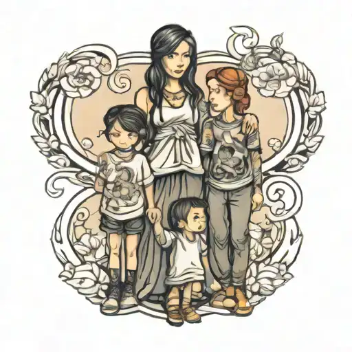 Woman With Her Two Children Holding Hands Boy And Girl