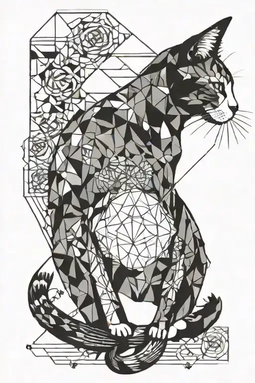 Geometric Cat Sitting Foward Looking Sideways In Black And White