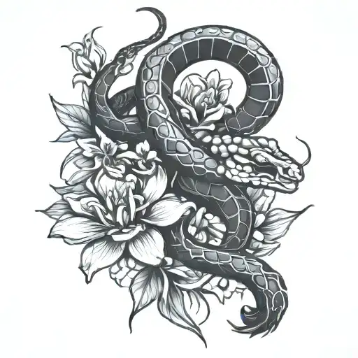 Scorpion And Snake With Orchid Flower Black And White Drawing