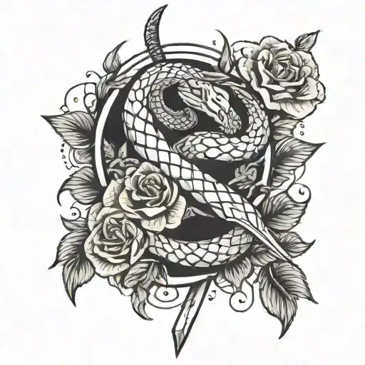 A Snake Wrapped Round A Sword And A Few Roses Here And There
