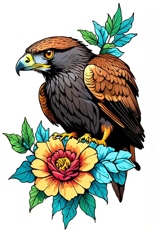 Perched Hawk And Flowers
